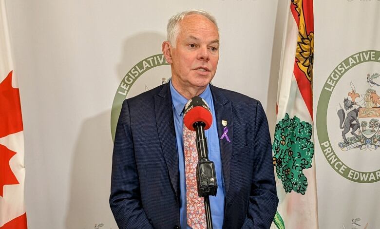 Green party leader Peter Bevan-Baker stands in front of a Canadian and PEI flag outisde the legislature.