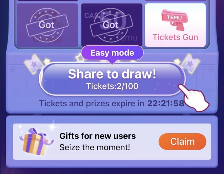 A screenshot of a draw-based promotion on Temu.