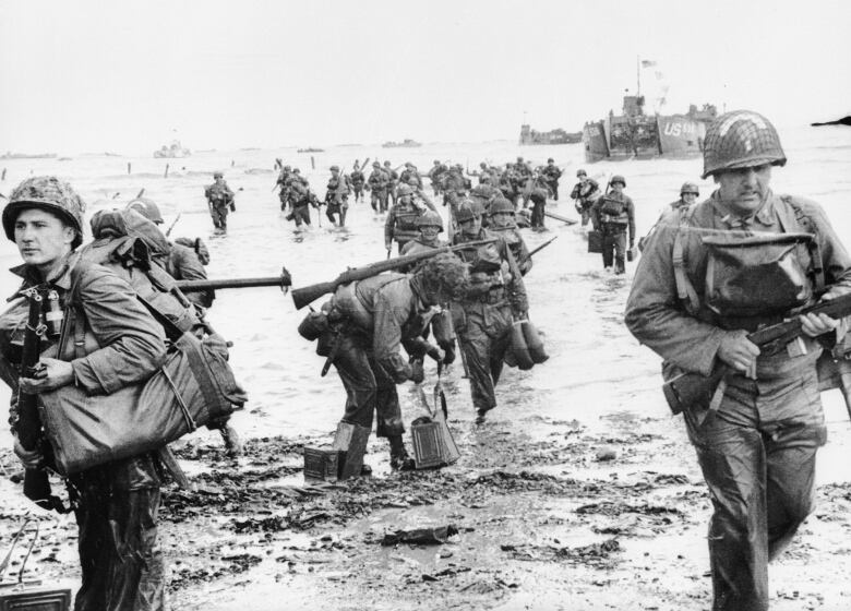 This black and photo shows coming ashore at Omaha Beach on June 6, 1944.