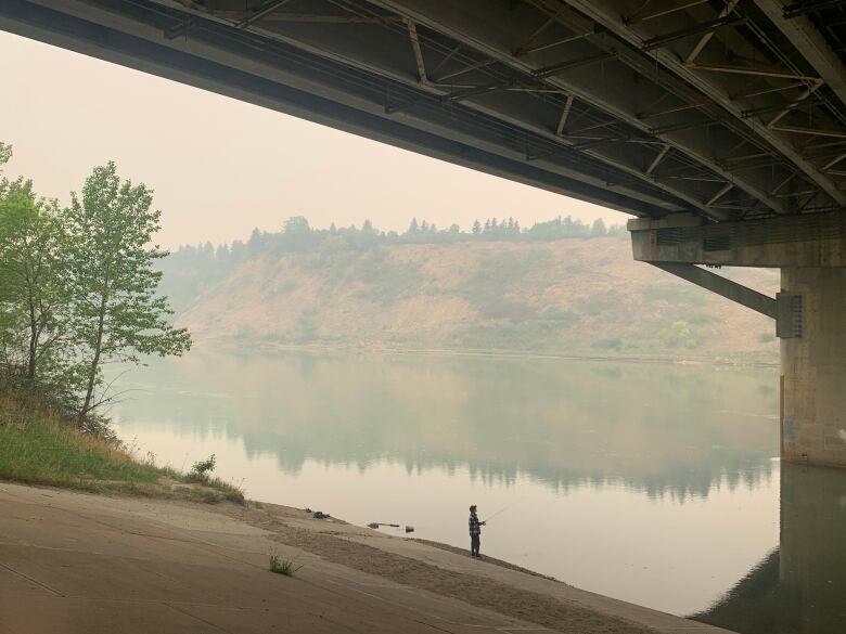 A fisherman stands on a river bank. 