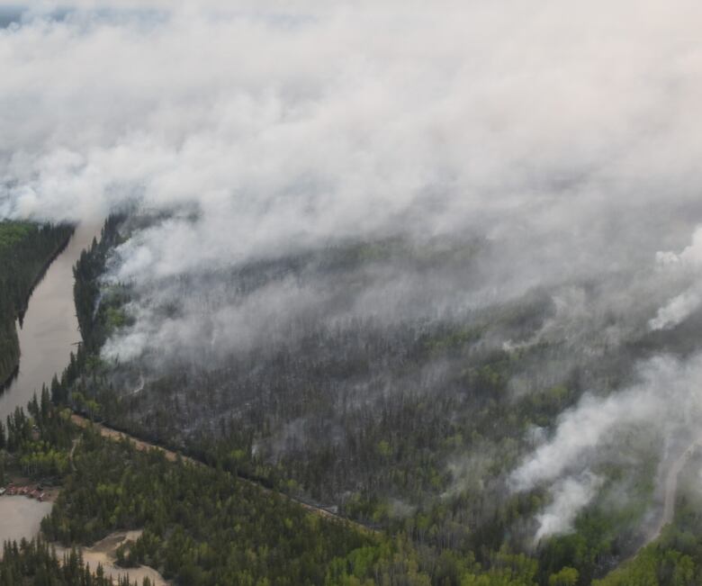 Small river, trees, smoke. 