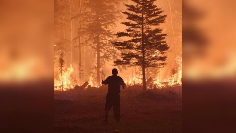 Silhouette of man standing in front of encroaching wildfire.