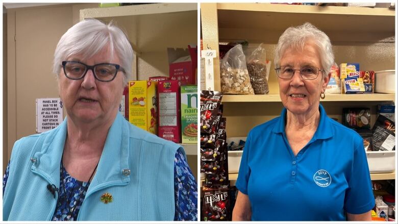 A collage of two photos. Both photos show older women dressed in blue standing inside a food bank.