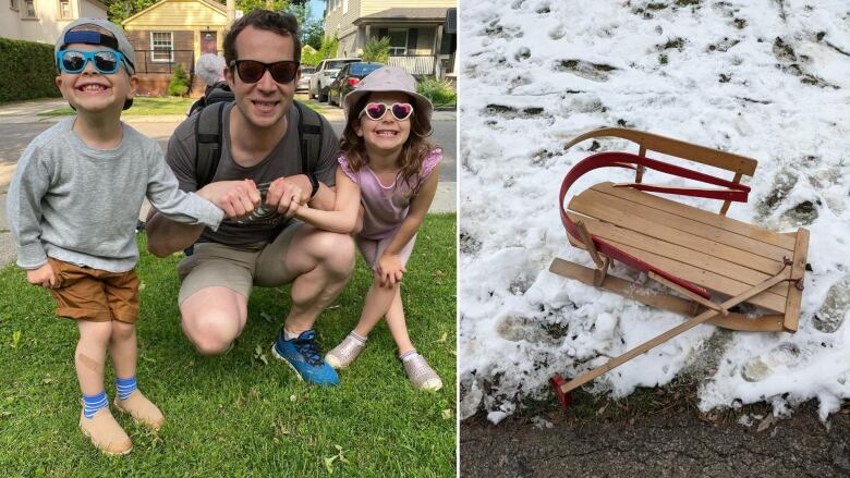 Two kids smile for a photo with a man in a picture on the left. On the right, a broken toboggan.