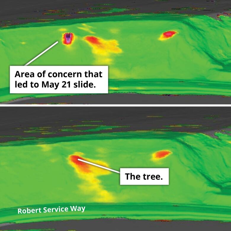 The photo shows a map with hot spots where potential landslides could happen. 