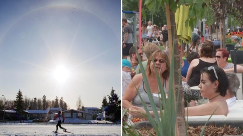 At left, a snowshoe racer takes part in the 2023 Arctic Winter Games in Fort McMurray, which ranked as the most conservative riding in Alberta, according to Vote Compass data. At right, people sit on outdoor patios along Edmonton's Jasper Avenue, which runs through the most progressive riding in the province.