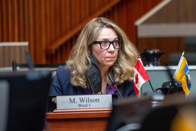 A woman speaks inside council chambers.