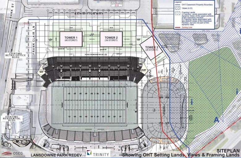 A site plan that shows how the future arena at Lansdowne would take up land currently zoned for the city park.