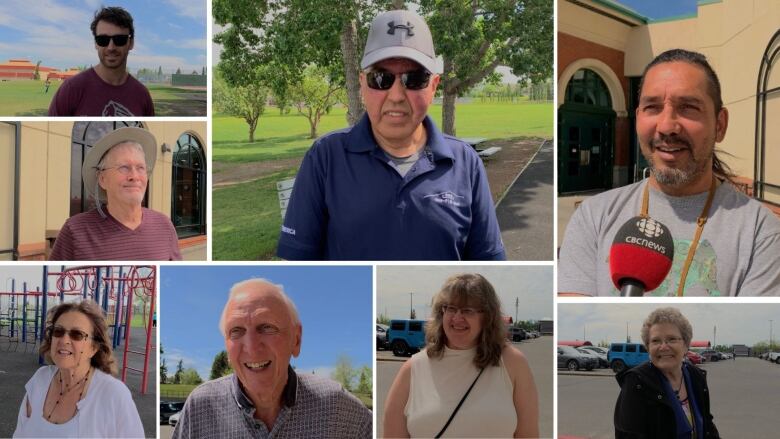 A collage of people who are all smiling or talking to the camera on a sunny day outdoors.