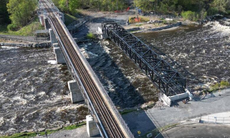 A rail bridge and a pedestrian bridge span a river