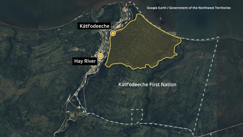 A map using satellite imagery indicates Kt'odeeche First Nation's reserve land and what the fire has burned.