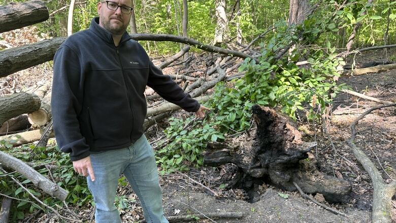 Ward four Coun. Mark McKenzie points to a burnt stump in Memorial Park woods.