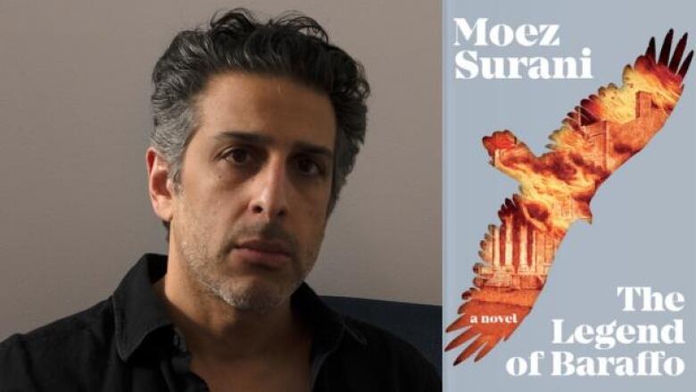 A man with grey hair wearing a black shirt and the book cover with an illustration of a burning greek temple seen through a flying bird silhouette