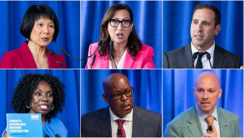 Toronto's top six mayoral candidates are pictured here. From top left to right, Olivia Chow, Ana Bailao and Josh Matlow; and from bottom left to right, Mitzie Hunter, Mark Saunders and Brad Bradford.