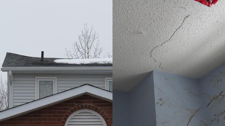 A sunken roof on the left side and cracks in dry wall inside a house on the right side of the image.