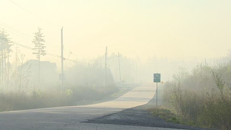 Smoke blows across a road with homes and vegetation on either side.