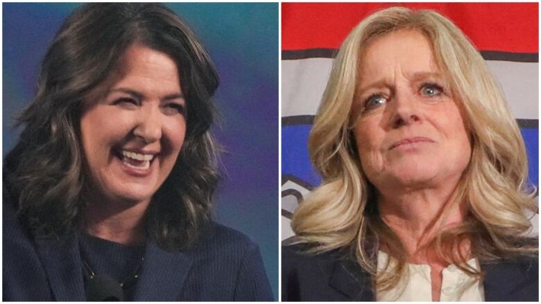 Headshots of two white female politicians representing Alberta UCP on the left and Alberta NDP on the right.