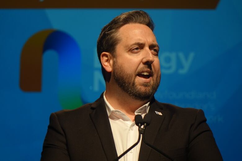 A man with medium length brown hair and a short brown beard, speaking at a microphone. He's wearing a white collared shirt and a black blazer.