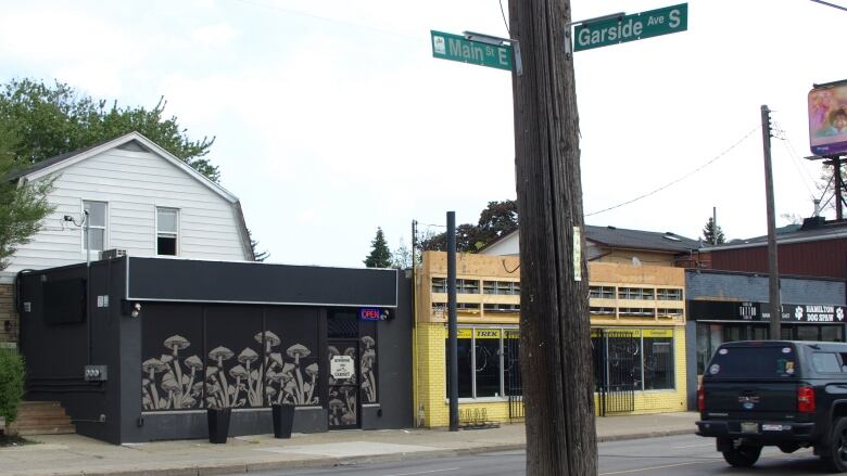 A series of storefronts. One has a bunch of pictures of mushrooms on it.