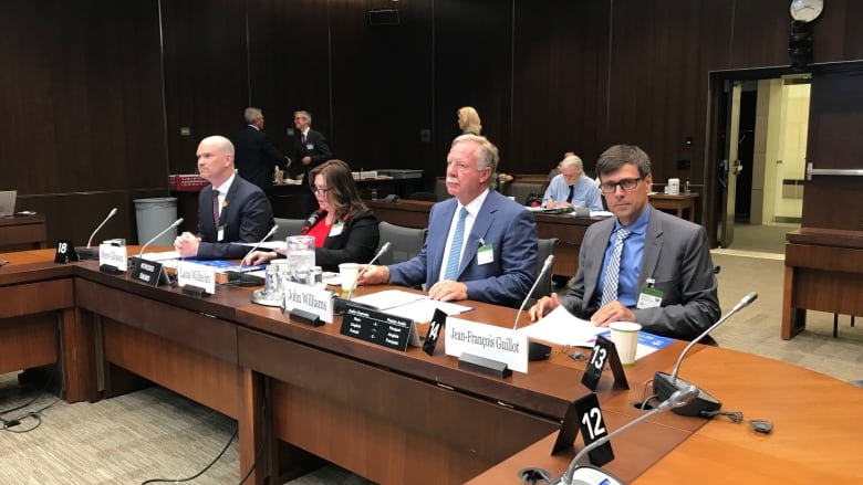 Executives sit at a desk in a parliamentary hearing.