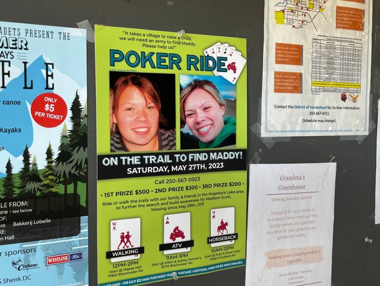 A poster pinned to the outside of a business advertises a Madison Scott poker ride.