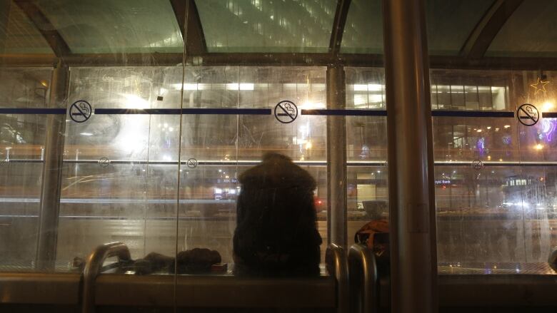 A person sitting on a bench inside a bus shack