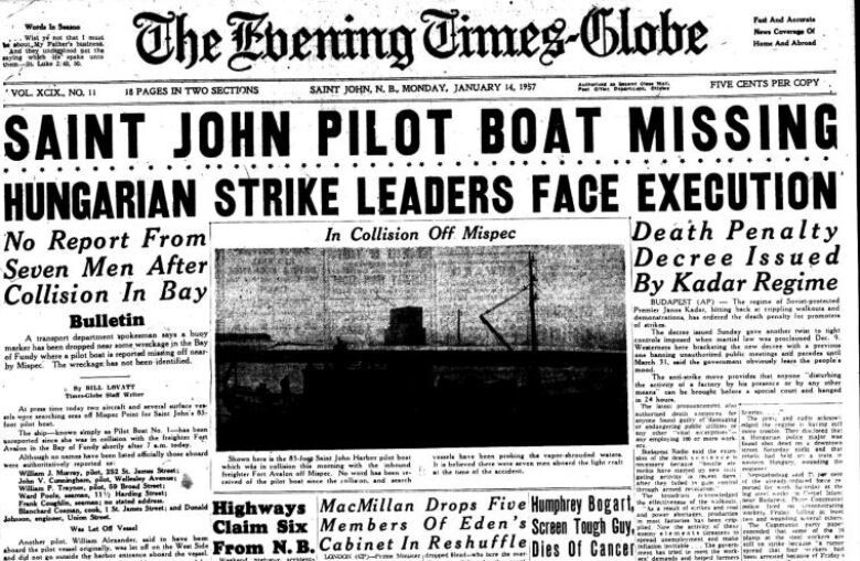 A 1957 newspaper front page describing the search underway for the lost Pilot Boat No.  in Saint John