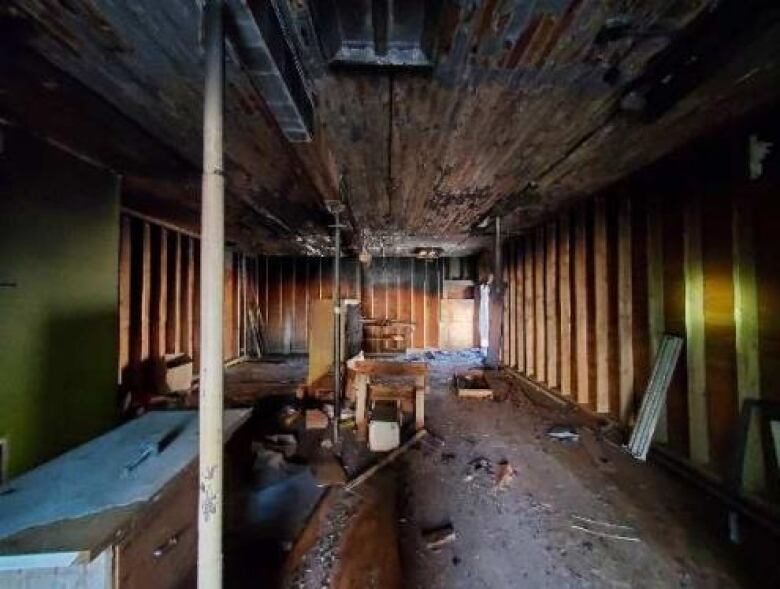 The inside of a building damaged by fire.