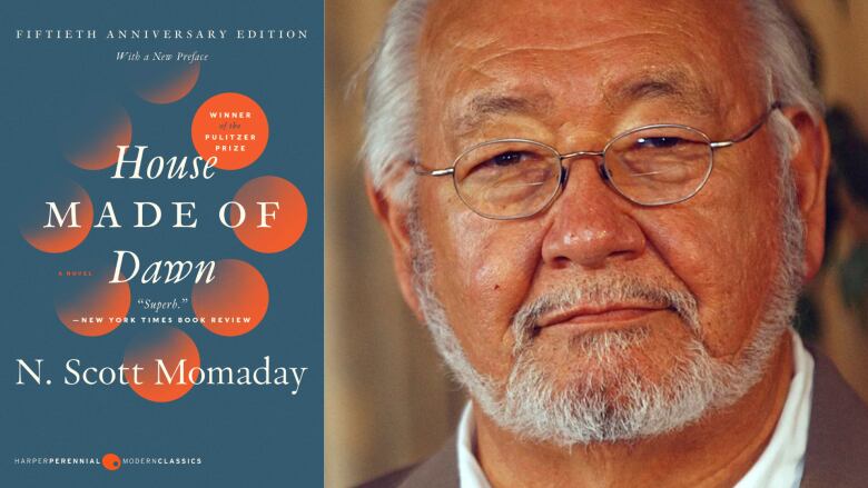 A composite image of a teal book cover with orange circles and the words House Made of Dawn by N. Scott Momaday written in white lettering on it beside a portrait of a man with grey hair and glasses looking into the camera.