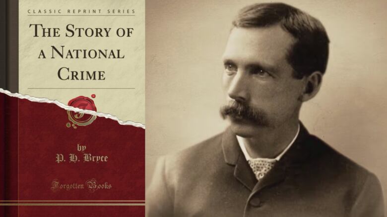 A composite image of a beige and burgundy book cover with the words The Story of a National Crime by P. H. Bryce written in black lettering on it and a black and white portrait of a man with dark hair and a large moustache looks off to the left of the frame.