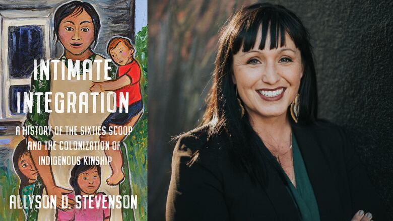 A composite image of a book cover featuring an illustrated Indigenous woman with three children around her beside a portrait of a woman with black hair and red lipstick and a dark blazer smiling into the camera.