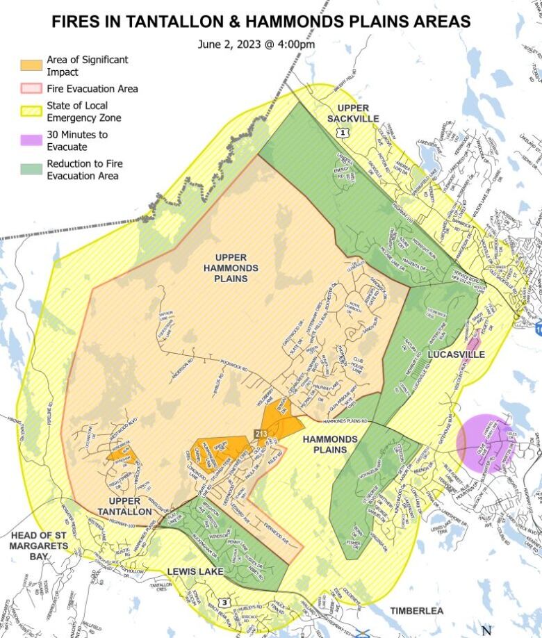 A map of Tantallon and Hammonds Plains showing where people are allowed to go back to their homes.