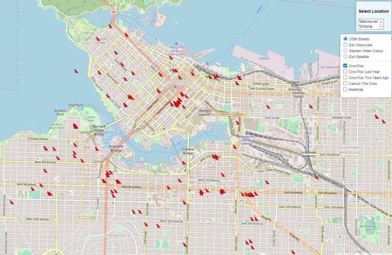 A screengrab of the Crowtrax website shows dozens of red bird icons on a map of Vancouver.