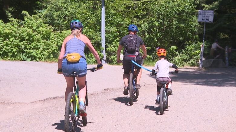 A family on mountain bicycles ride together away from the camera onto a trail.