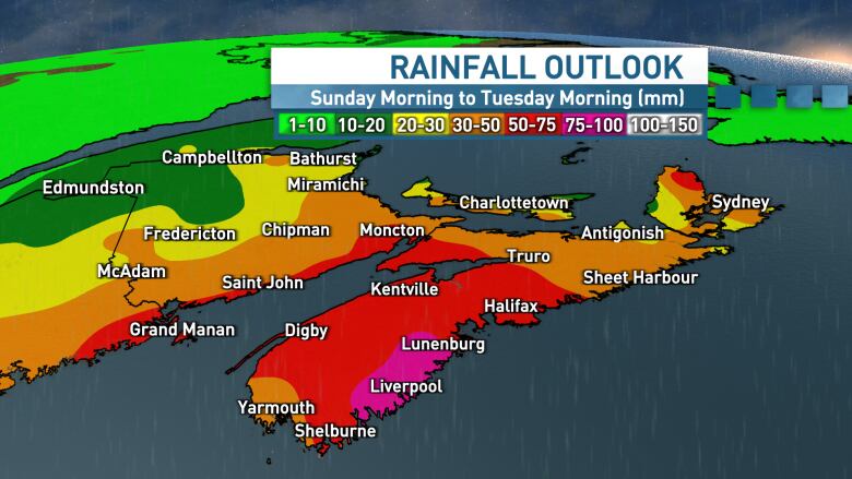 A map shows the expected rainfall for the Maritimes from Sunday to Tuesday morning.