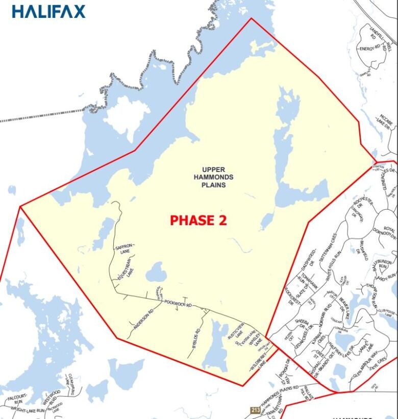 A map outlining parts of Upper Hammonds Plains