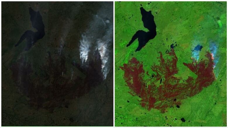 A pair of satellite images of a fire burning in a landscape.