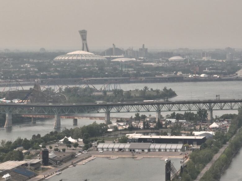 cityscape with Montreal's stadium in distance