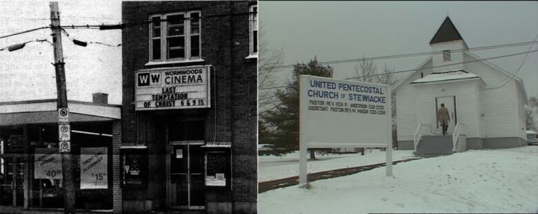 On the left, a photo of Wormwood's Cinema, advertising the Last Temptation of Christ. On the right, a Pentacostal minister walks into a church.