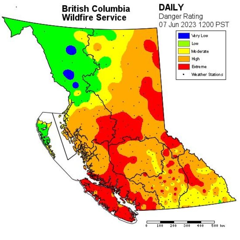 A vector map of B.C. shows pockets of high and extreme fire danger, with the northwest the only region with low fire risk.