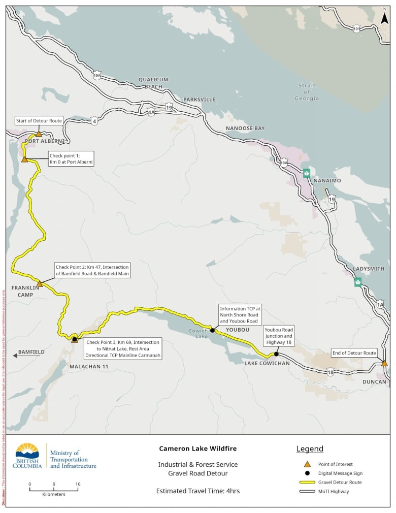 A map produced by B.C. Ministry of Transportation to detail the detour from Highway 4 outside Port Alberni.