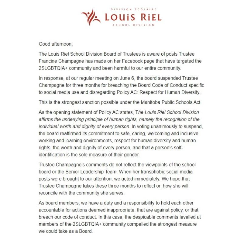 A letter with the letterhead of Louis Riel School Division.