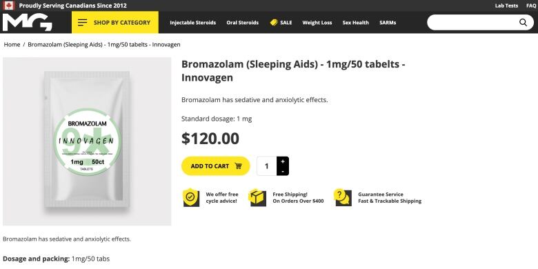 An example of one the dozens of websites illegally offering Bromazolam  a controlled substance  for sale to Canadian customers. 