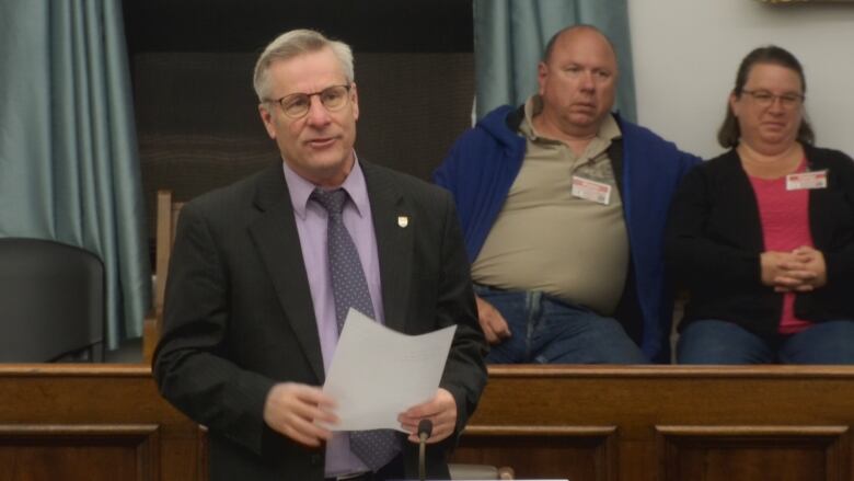 Liberal MLA Robert Henderson stands in the PEI Legislature. 