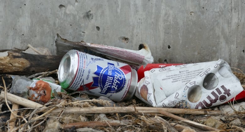 litter including a timbits box, beer can in wood chips