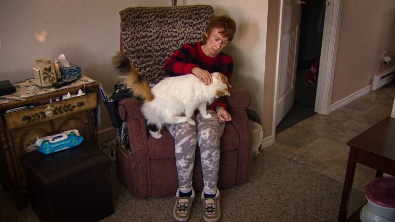 A woman sits in a recliner in her living room, petting a cat in her lap.