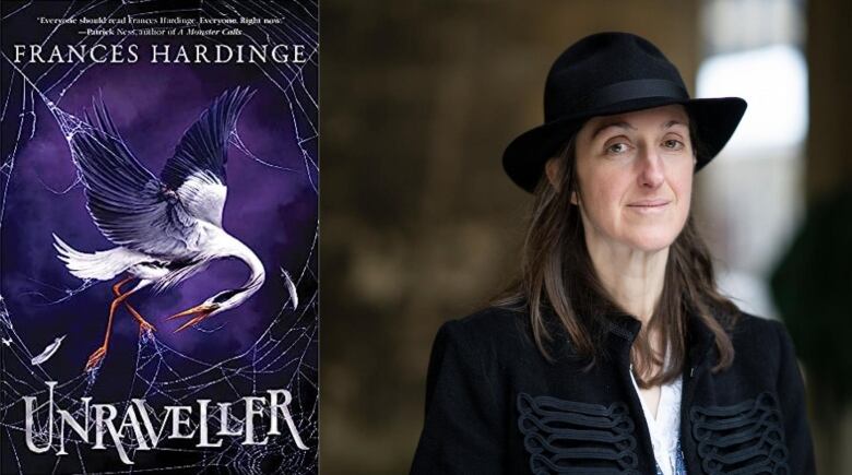 Book cover of a heron caught in a spider web with a purple background. White woman with long brown hair and black brimmed hat.