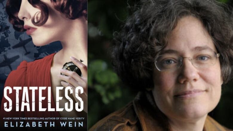 Book cover of white woman with short curly brown hair in red shirt holding a compass to chest. White woman with short curly brown hair and wire glasses 