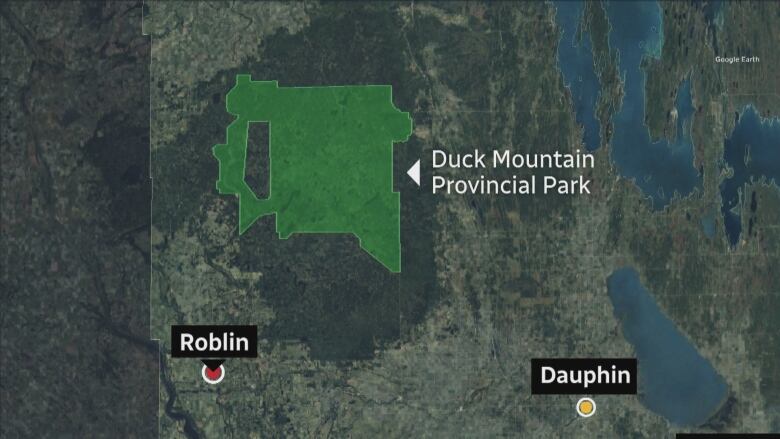 A map showing Roblin, Dauphin and Duck Mountain Provincial Park in western Manitoba.