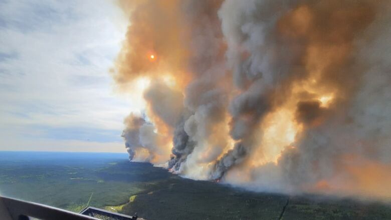 Wide shot of fire and smoke come from a wide area of vegetation.